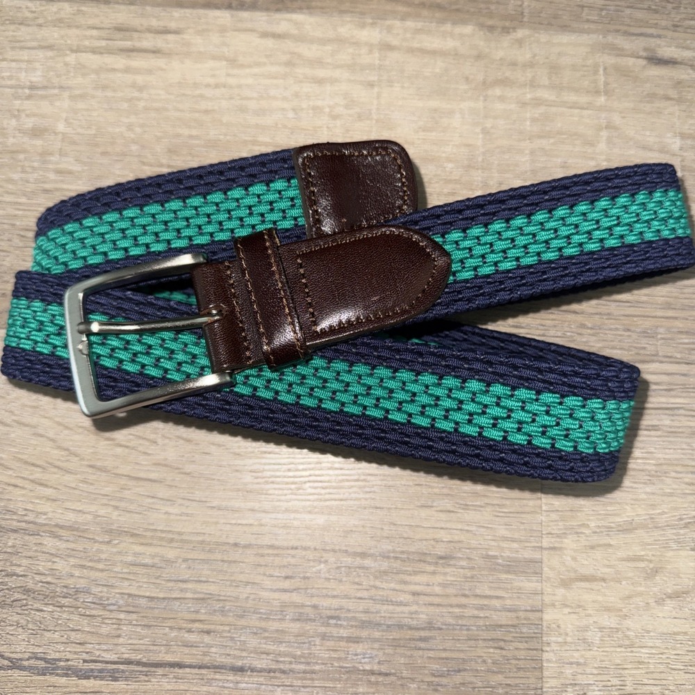 Lands' End Dark Blue & Green Woven Belt Leather Buckle Preppy Size M Made USA